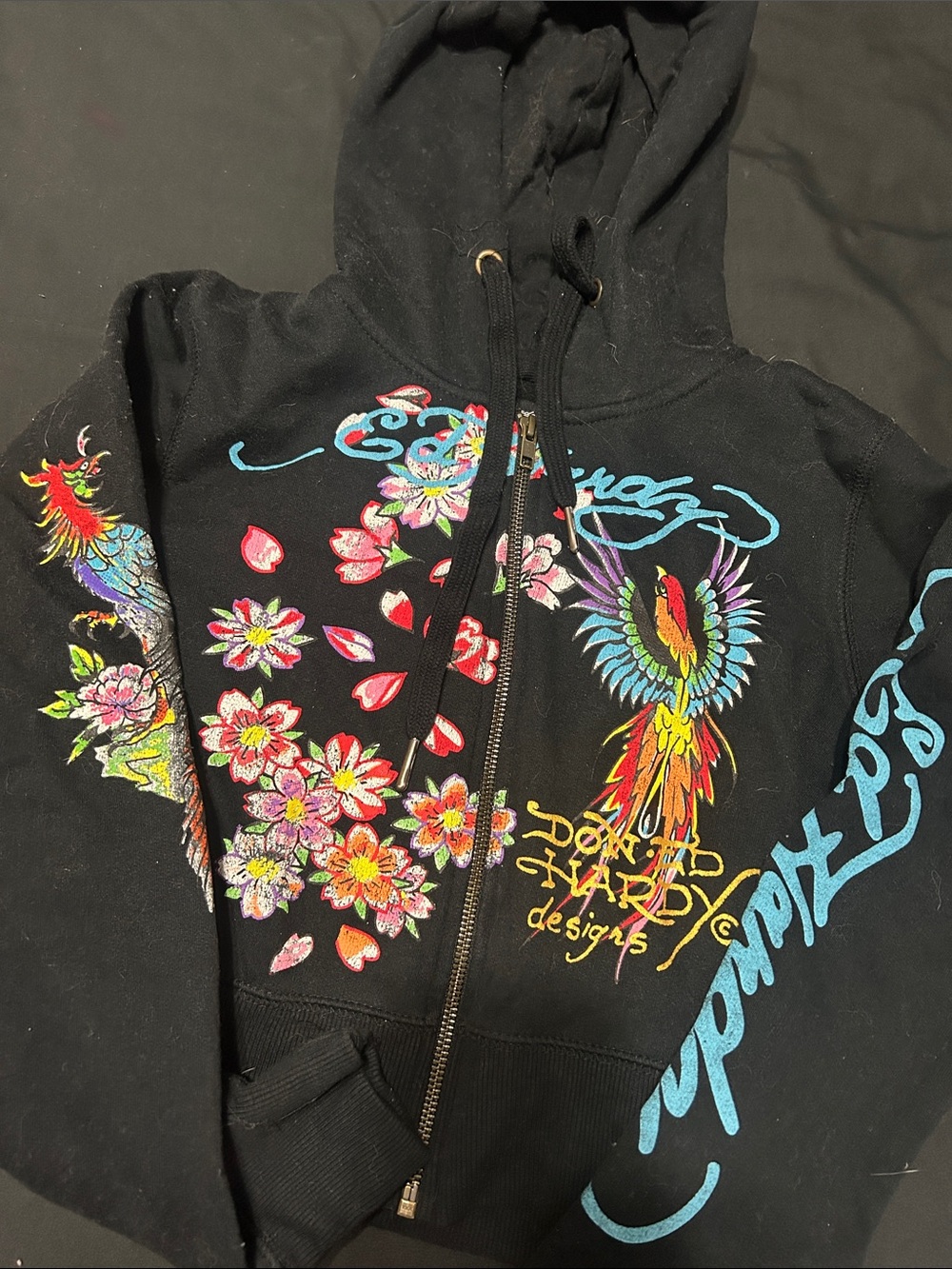 Ed Hardy Black Hoodie with Multicolor Parrot & Floral Embroidery